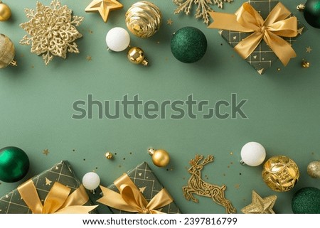 Modern festive spirit. Top view shot showcasing ribbon-wrapped presents, opulent baubles, reindeer and snowflake details, golden sequins against green background with space for personalized wishes