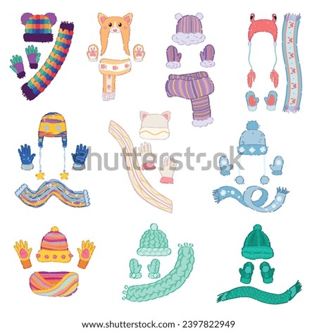 Set of stylish winter hats, mittens, gloves and scarfs for child