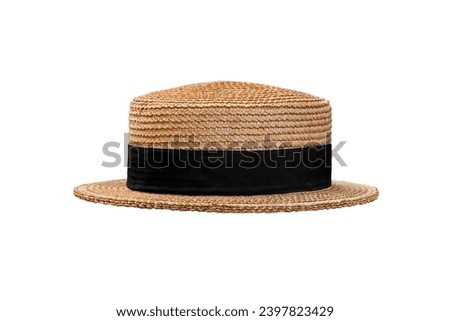 Straw fedora hat isolated on white background with clipping path. Summer hat with black ribbon. Classic gondolier cap Royalty-Free Stock Photo #2397823429