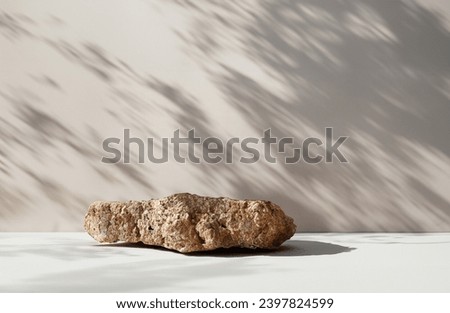 Luxury Natural Rough Rock stone Podium with plant shadow on Gray wall for product placement display.  template for Skin care or cosmetics scene platform . Royalty-Free Stock Photo #2397824599