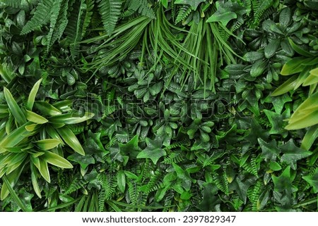 Green artificial plant wall panel as background, closeup Royalty-Free Stock Photo #2397829347