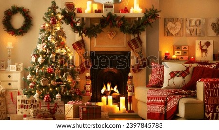 Christmas decorations and indoor fireplace