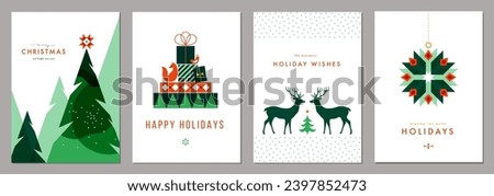 Merry and Bright Holiday cards. Modern Christmas backgrounds with Christmas tree, gift box,  reindeers, Christmas ornaments. For graphic and web design, social media banner.