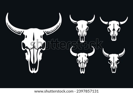 Beautiful cow skull on a black background. Vector illustration set.	