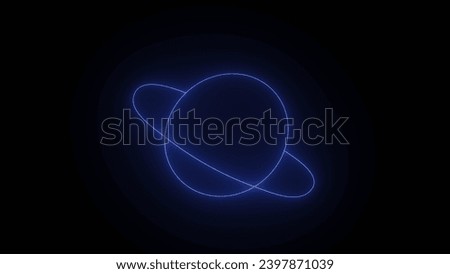 Blue Neon sign planet Saturn with rings. Outline neon saturn icon. Bright neon planet silhouette with rings, 3d rendering and black background.