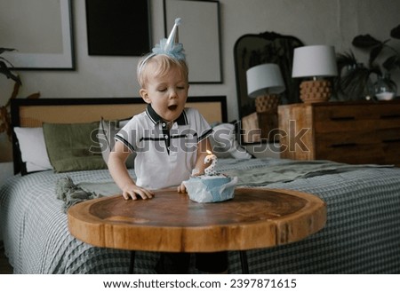 Boy blowing out a candle on a birthday cake.
