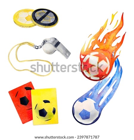 Soccer football red yellow card whistle. Comet ball and coin watercolor drawing. Warning penalty judge cards picture isolated on white background. Sport trainee judge gear stadium tournament aquarelle