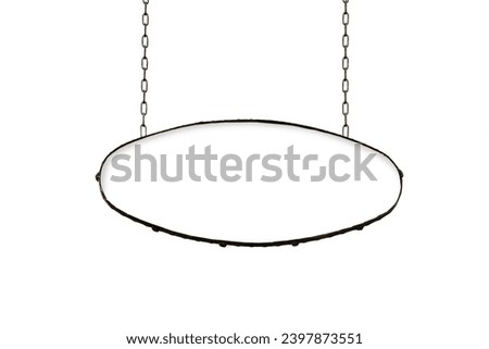Blank white sign hangs on iron chains. Signboard isolated on a white background