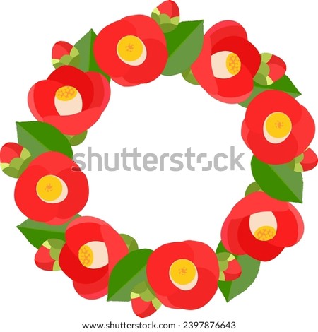 Circular frame with red camellia flowers, buds and leaves