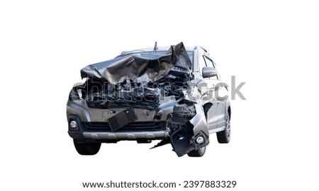 Front and side of new bronze car get damaged by accident on the road. damaged cars after collision. isolated on white background with clipping path, car crash bumper graphic design element
