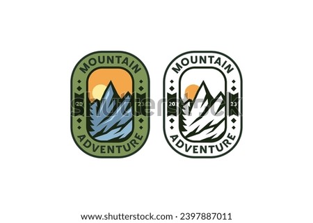 mountain adventure logo design with sunset landscape on rectangle frame for sport and adventure
