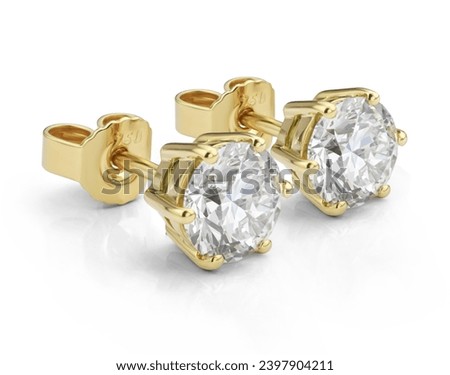 Diamond Earrings Isolated on White Background. Yellow Gold Diamond Earring Pair with 750 Stamp Denoting 18-Carat Yellow Gold.  Royalty-Free Stock Photo #2397904211