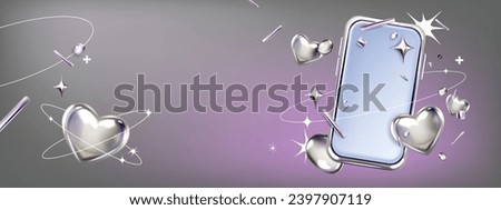 Y2k 3D smartphone confetti vector banner, chrome cellphone screen advertisement flyer, heart, stars. Valentine’s Day glossy futuristic aesthetic holiday background, empty display. Metal 3D smartphone Royalty-Free Stock Photo #2397907119