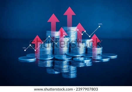 Pile of money coin on blue background with red up arrow and dot graph. Business and financial concept with blue color filter. 