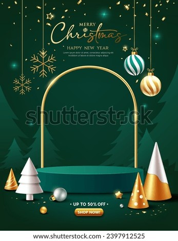 Merry christmas and happy new year, green podium display ornaments poster flyer design on green background, EPS10 vector illustration
