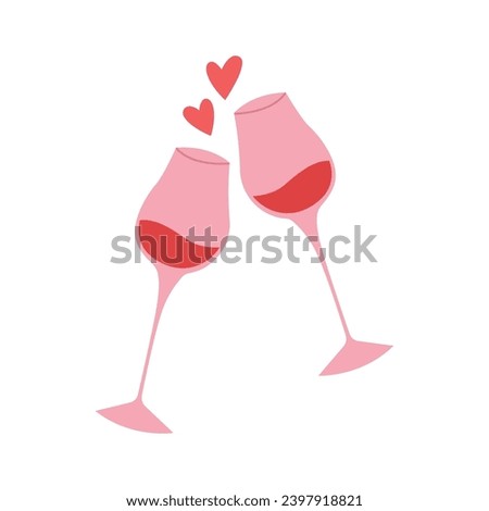 Glasses of wine and hearts on white background. Valentine's Day 