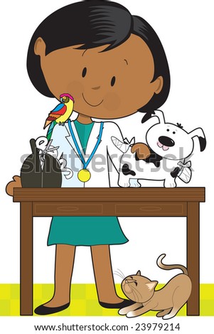 Black woman veterinarian tending to a dog. A parrot sits on her shoulder and a cat is under the table.