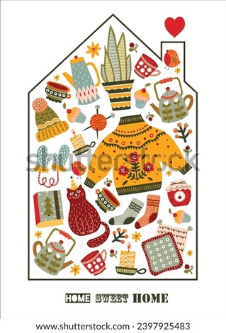 Winter tea party. Home sweet home. Scandinavian hygge poster with warm, cozy winter elements. Gifts and plants, knitted sweater, hat, scarf, socks. 