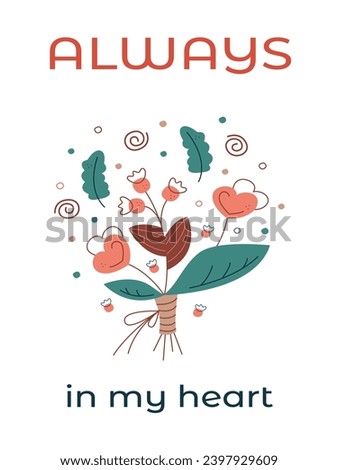 Valentine's Day greeting card with bouquet. Flat color vector illustration. 