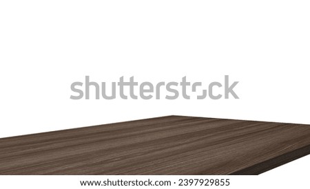dark brown walnut wooden table corner at foreground used as product displayed isolated on background with clipping path. perspective view of wood table showing edge of table.