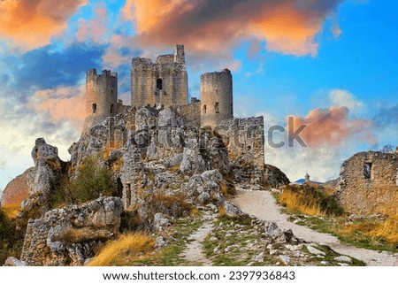The Castle of Rocca Calascio is a mountaintop fortress or rocca in the municipality of Calascio, in the Province of L'Aquila, Abruzzo, Italy. Royalty-Free Stock Photo #2397936843