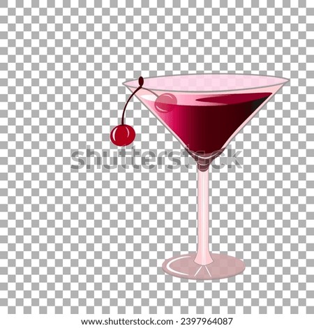 Vector graphics. There is a glass with red wine and cherries on a transparent background.