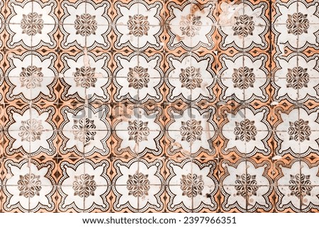 Traditional ornate portuguese decorative tiles azulejos background. New trending PANTONE 13-1023 Peach Fuzz colour of 2024 year 