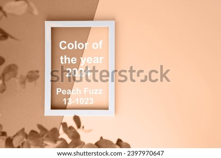 Background with color of the year -2024. Trendy color peach fuzz. Background with a white wooden frame with a branch of eucalyptus. Flat lay