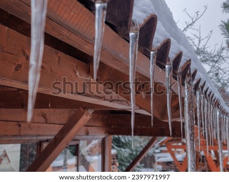 In the winter silence, transparent icicles gracefully hang from the eaves of a village gazebo, sparkling like nature’s chandeliers. Each ice formation captures the essence of cold tranquility