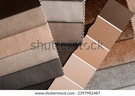 different types of fabrics with a color palette. New trending PANTONE 13-1023 Peach Fuzz colour of 2024 year