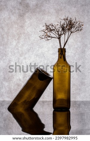 Still life with colored glass bottles and plant twigs