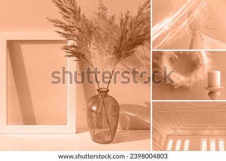 Peach fuzz is color of year 2024. Multiple textures in collage toned in fashion blended pink-orange trend-setting colour of year Peach Fuzz Royalty-Free Stock Photo #2398004803