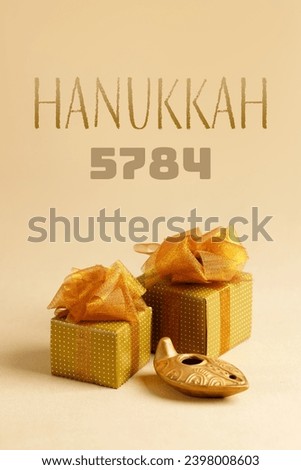 Jewish religious holiday Hanukkah with gift boxes and oil jug.Vertical Golden Banner