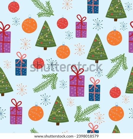 New Year and Christmas seamless pattern with festive winter elements. Vector.