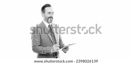 Man face portrait, banner with copy space. happy man making notes or signing contract on folder documents isolated on white, making notes.