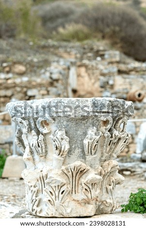 Elements of ancient architecture and ruins of Ephesus, Izmir. copy space. Travel destination concept. Vertical photo. 