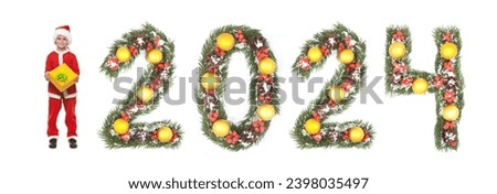Boy Santa Claus is holding a christmas gift and 2024 number made by christmas tree branches isolated on white background