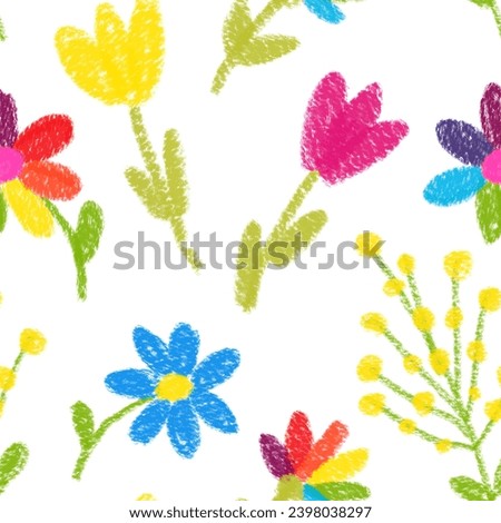 Seamless pattern with hand-drawn children's flowers on a white background. Rainbow and blue daisy. Pink and yellow tulip. Kid's drawings using pencil technique. Isolated. For textile and scrapbooking.