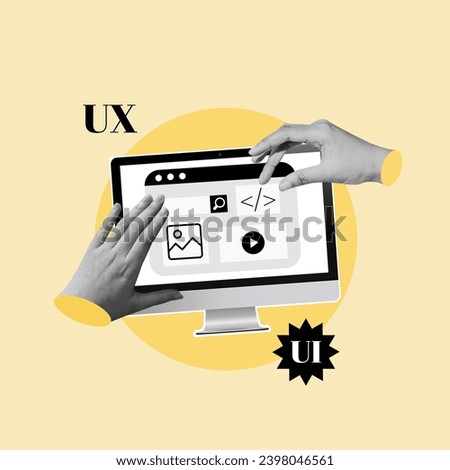 Human Hands, Working on Website, Mobile App Design, UI UX Design, Web Design, Web Page, Custom, Redesign, Build, Design, Display Device, Human Hand, Touch Screen, Copywriter, Vector, Hold, Analyze Royalty-Free Stock Photo #2398046561