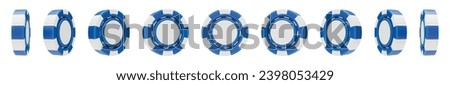 Set of blue and white casino chips 3D rendering. Casino, gambling game, betting symbol. Online gambling token for slot, poker, roulette, blackjack three dimensional vector illustration