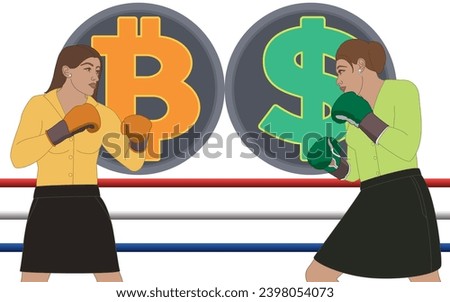 businesswomen wearing boxing gloves boxing in a match between bitcoin and dollar currency isolated on a white background