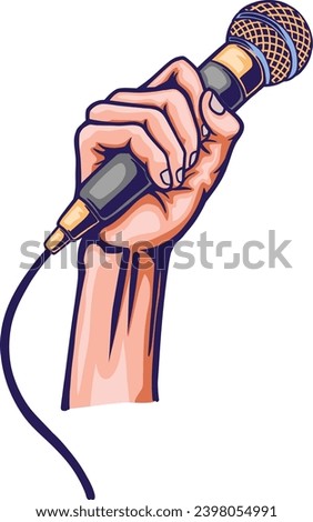 A fist hand holding a microphone or mic in cartoon style isolated on transparent background. Vector illustration for concert poster,, karaoke mascot logo, icon, label, sticker
