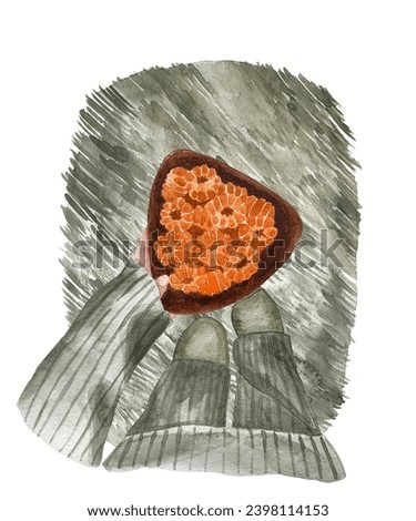 Cozy season. Top view watercolor  illustration with copy space. Female hands in warm cosy sweater are holding plate with mandarines.