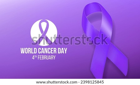 World Cancer Day web banner template. Logo of World Cancer Day for decoration posters, social media, promo company. Vector illustration with realistic satin purple ribbon. Healthcare concept.