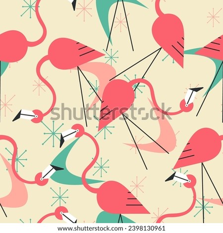 1950s Mid Century Modern Atomic Era Flamingos Cosmic Starbursts seamless pattern. Retro fifties vector background Royalty-Free Stock Photo #2398130961