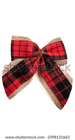 Red black plaid fabric ribbon, ornament, isolated on white background
