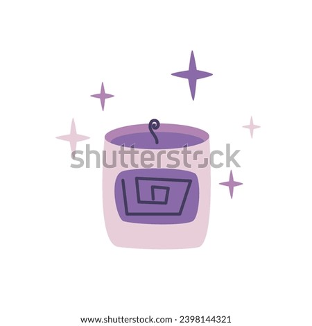 Cute candle in glass jar clip art. Scented soy candle for spa. Hand drawn interior item, isolated vector illustration