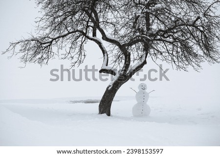 Christmas time. Snowman throws snow up in the winter snowy forest. Joyful snowman.Winter fun and games.