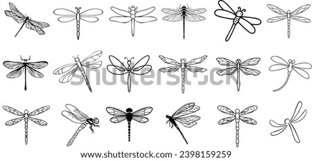 Dragonfly vector illustration set, hand-drawn, isolated on a white background. Collection of 18 unique dragonflies, High-quality, detailed sketches capturing the beauty of these summer insects Royalty-Free Stock Photo #2398159259