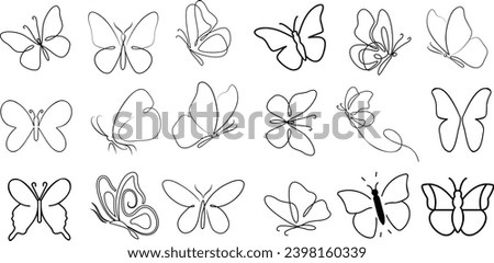 Butterfly vector illustration set, line art style, Butterflies in various poses. Perfect for spring, summer designs, invitations. Butterfly outline sketches of nature’s delicate, elegant insect. 